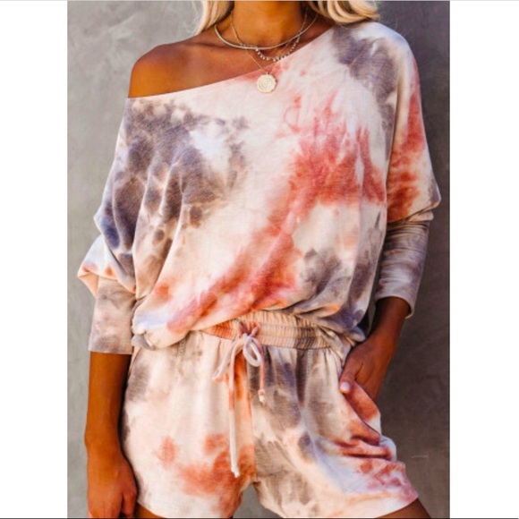 Rust/grey Pocketed Tie-dye Knit Shorts Set - Picture 13 of 13